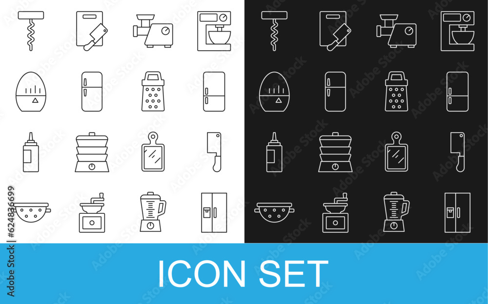 Set line Refrigerator, Meat chopper, Kitchen meat grinder, timer, Wine corkscrew and Grater icon. Vector
