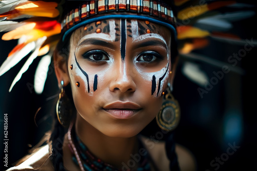 Young Amazonian Brazilian native Warrior woman, woman wearing face makeup and tattoos. 
