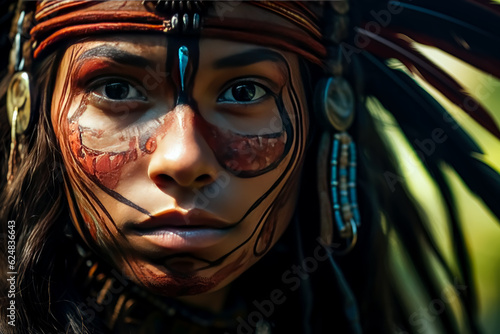 Young Amazonian Brazilian native Warrior woman, woman wearing face makeup and tattoos. 