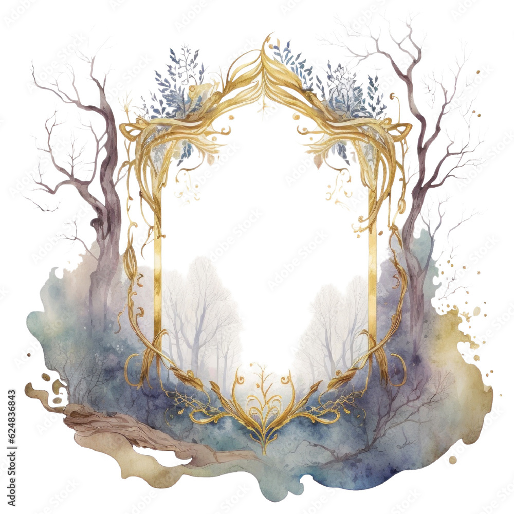 Naklejka premium Magic forest gold frame with trees and brunches, wooden frame watercolor illustration isolated with a transparent background, enchanted forest fantasy design created with Generative AI