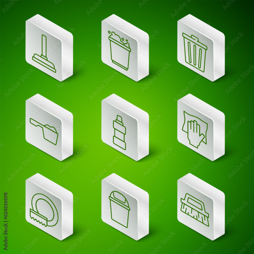 Set line Brush for cleaning, Trash can, Rubber plunger, Bottle agent, Washing powder, Bucket with foam, dishes and Cleaning service icon. Vector Set line Brush for cleaning, Trash can, Rubber plunger, Bottle agent, Washing powder, Bucket with foam, dishes and Cleaning service icon. Vector