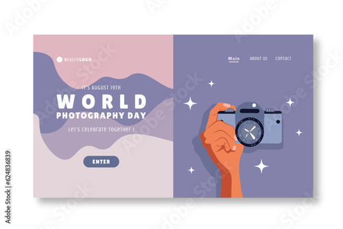 Landing page template for world photography day, vector illustration
