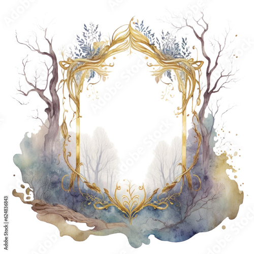 Magic forest gold frame with trees and brunches, wooden frame watercolor illustration isolated with a transparent background, enchanted forest fantasy design created with Generative AI