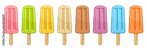 Vector set of Fruit Popsicle, lot collection of eight cut out illustrations sweet fruit ice creams, banner with assorted colorful fruity popsicles for kids with wood stick in a row on white background