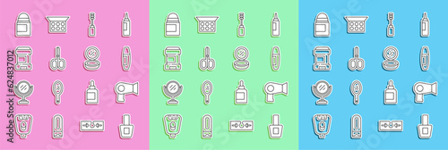 Set line Nail polish bottle, Hair dryer, Mascara brush, Scissors, Antiperspirant deodorant roll, and Makeup powder with mirror icon. Vector