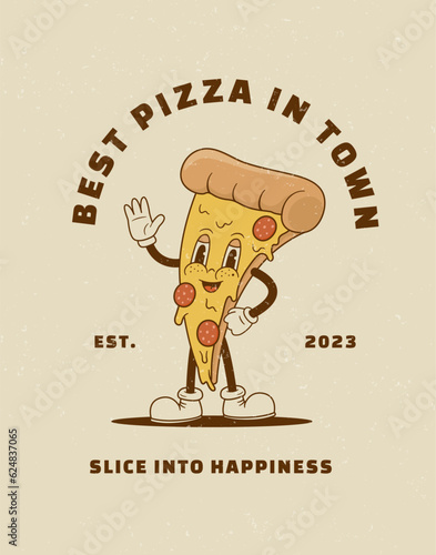 Cartoon pizza slice character in retro groove style. Pizzeria poster vector illustration. Vintage mascot for cafeteria, restaurant. Nostalgia 60s, 70s, 80s