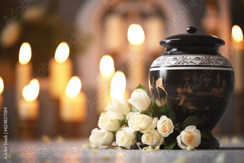 White roses and a black cremation urn with burning candles. Generative AI photo