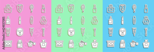 Set line Cream or lotion cosmetic tube, Makeup brush, Perfume, Hand mirror, Nail file, and Mascara icon. Vector