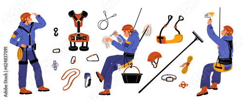 Cartoon industrial climbing elements. High altitude work equipment. Cable and winch. People in uniform with helmets. Painter and window cleaner. Steeplejack tools. Garish vector set