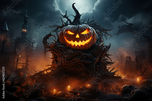 Halloween pumpkin Jack-o-lantern with haunted mansion in the background. Ai Generative illustration