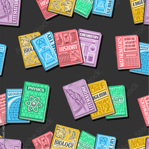 Vector Textbook Seamless Pattern, dark repeat background with illustrations of variety colorful school book composition for wrapping paper, collection of flat lay textbooks for children home interior