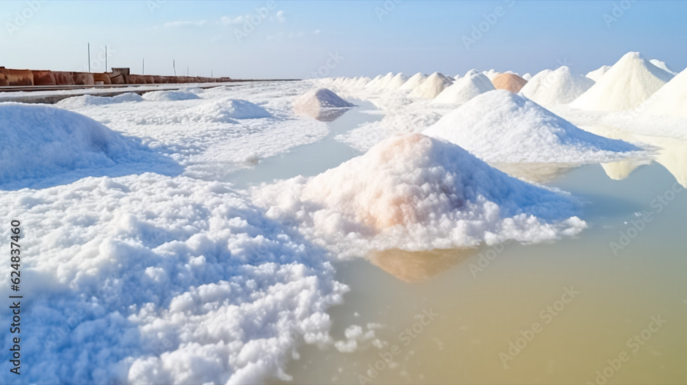 Heap of sea salt. Salt farms produce salt from sea water. White salt harvesting. Agriculture industry. Traditional farm.
Heap of sea salt. Salt farms produce salt from sea water. White salt harvesting. Agriculture industry. Traditional farm.
