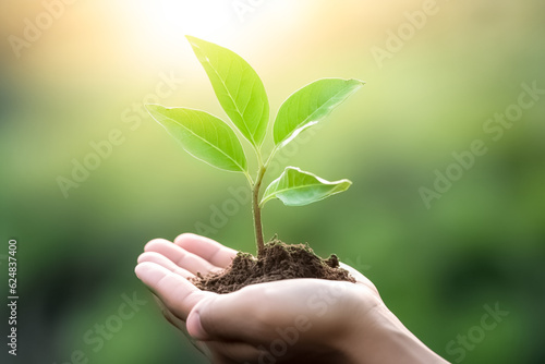 Hand holding young plant on on blur green nature background. Eco concept.

