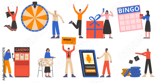 Cartoon people in casino. Visitors place bets and bingo win lottery. Gambling lovers. Poker and roulette. Smartphone game. Slot machines players. Spinning wheel. Vector joyful gamblers set