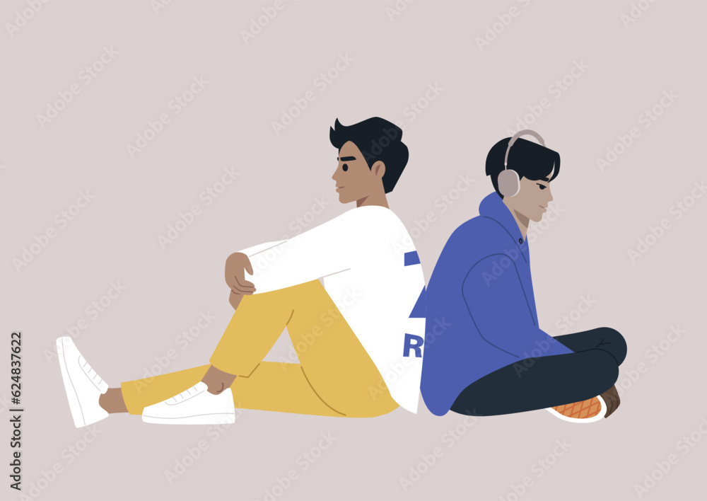 Fototapeta premium A couple of thoughtful characters sitting back to back leaning on each other, friends or partners hanging out