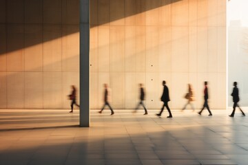 Blurred people walking in modern city by Generative AI