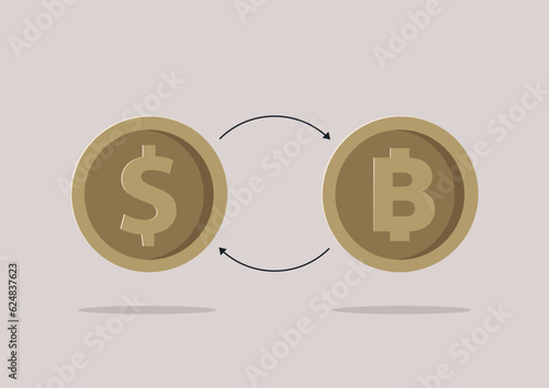 Cryptocurrency exchange, bitcoin and dollar conversion, digital banking operations