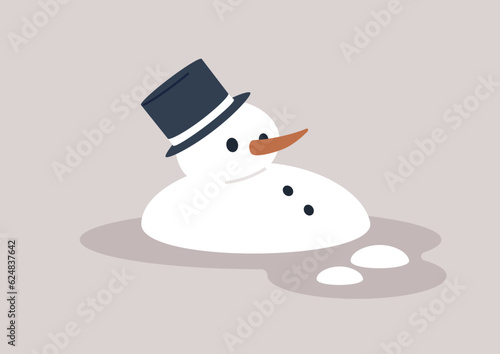 Spring season, a melting snowman turning into a puddle of water