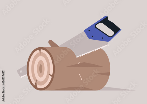 A saw cutting a wood log, woodworking workshop