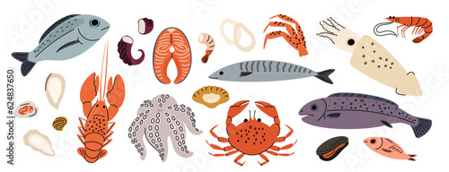 Cartoon sea food products. Ocean meal. Prawns or crabs. Marine fish. Fresh shellfish. Lobster and oyster mollusk. Cooking delicatessen ingredients. Seafood vitamins. Garish vector set