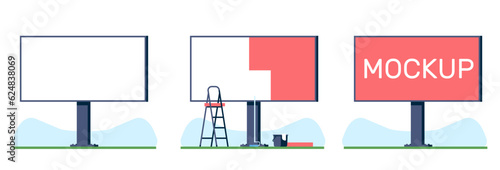 Different stages of sticking ads on large city billboard. Installing outdoor commercial advertising. Glueing promotion placards. Announcement banners. Vector roadside signboards set