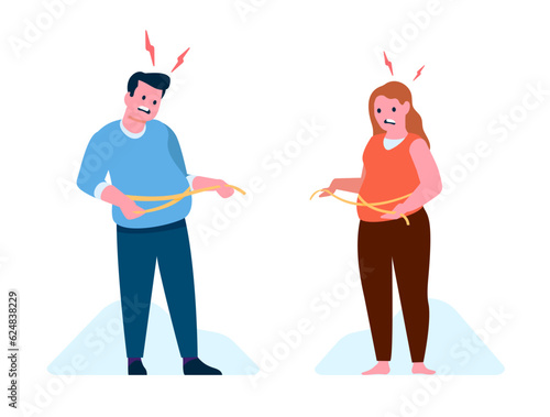 Fat man and woman measuring their bellies with centimeter meter tape. Waistline measurement. Weight gain control. Overweight and obesity. People surprise of abdomen size. Vector concept