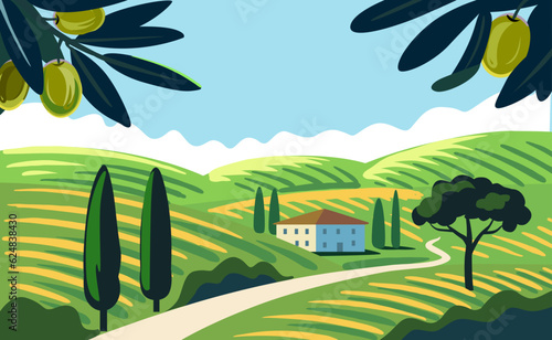 Village and olive trees vector. Nature landscape.