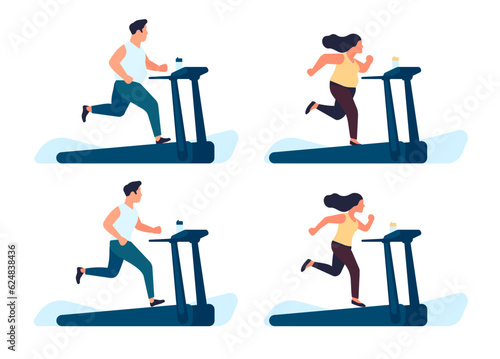 Fat man and woman running on treadmill. People training after losing weight. Gym exercises. Sport for slimming. Health lifestyle. Sportsman workout. Obese or slim body. Vector concept
