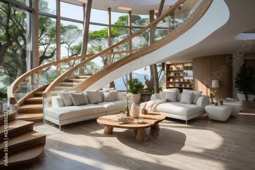 A Zen-like Retreat in the luxury Living Space, Complete with High Ceilings, Designer Furniture, and Elegant Decorative Accents, modern interior, generative AI.