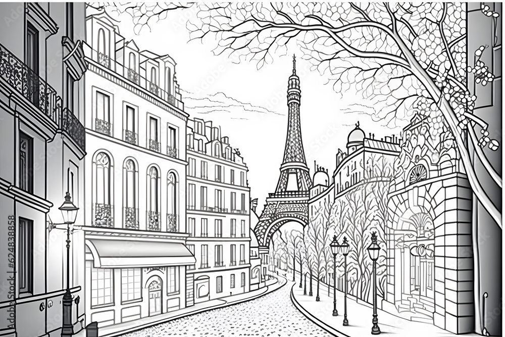 Streets of Paris. View of the Eiffel Tower. A black and white illustration.