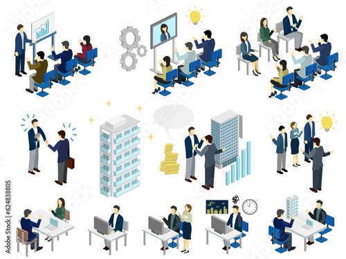 Business people in the office have a meeting to create teamwork and ideas flat vector illustration collection
