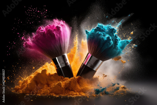 Makeup brush with explosion of colorful powder dust, commercial, AI generated