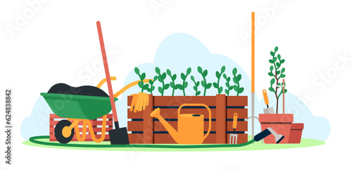 Gardening tools. Farming instruments. Wooden box with seedlings. Plants cultivation. Wheelbarrow and bucket. Agriculture cultivating. Shovel and pitchfork. Watering hose. Vector concept