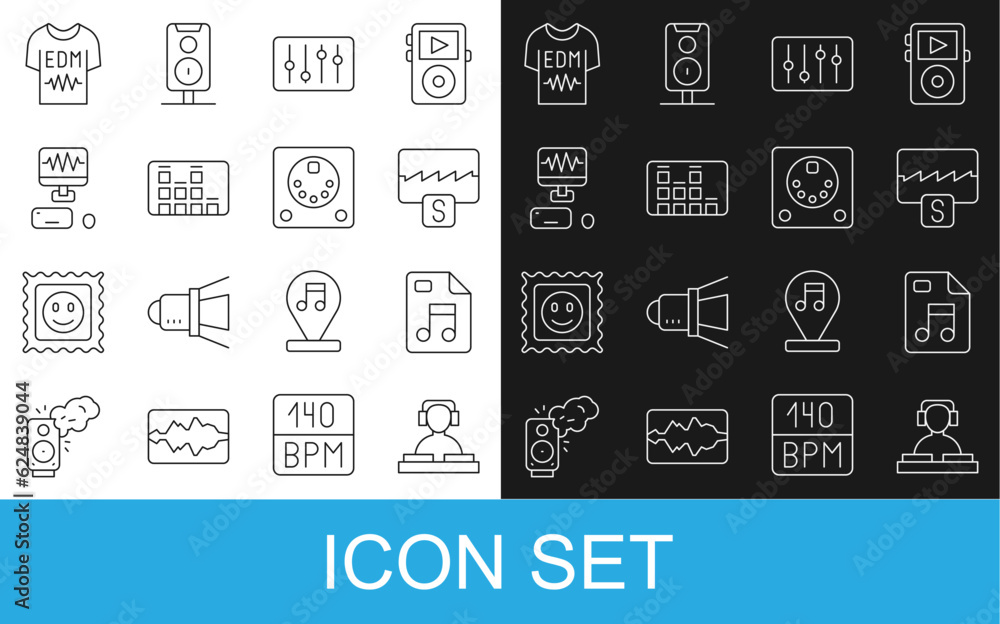Set line DJ playing music, MP3 file document, Music wave equalizer, Sound mixer controller, recording studio, T-shirt and Drum machine icon. Vector