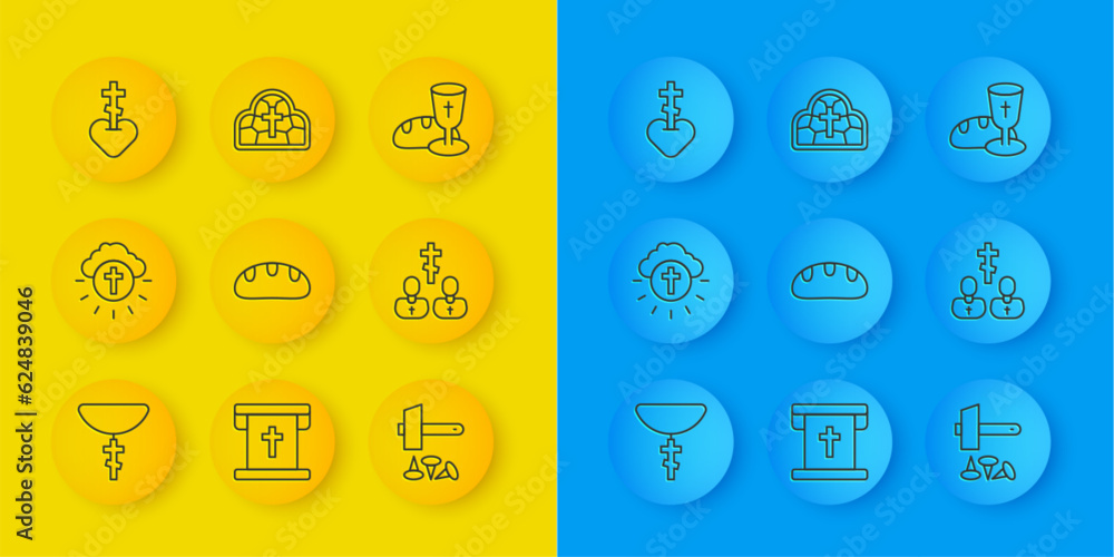 Set line Christian cross on chain, Religious circle, Bread loaf, Crucifixion of Jesus, Priest, heart, Goblet and bread and Stained glass icon. Vector Set line Christian cross on chain, Religious circle, Bread loaf, Crucifixion of Jesus, Priest, heart, Goblet and bread and Stained glass icon. Vector