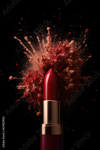 Red lipstick with explosion of red powder, commercial, AI generated