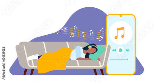 Girl lying on couch listening to relaxing music for sleep. Smartphone application. Woman with headphones dreaming on sofa. Mobile player. Musical notes. Home relaxation. Vector concept