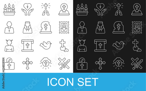 Set line Crusade, Christian cross, icon, Hands in praying position, Monk, Priest, Burning candle candlestick and Grave with tombstone icon. Vector