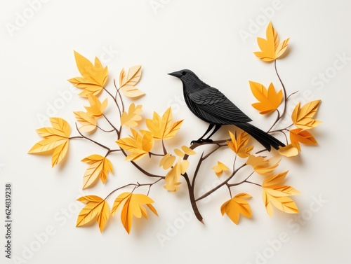 A black bird sitting on top of a tree branch. Generative AI.