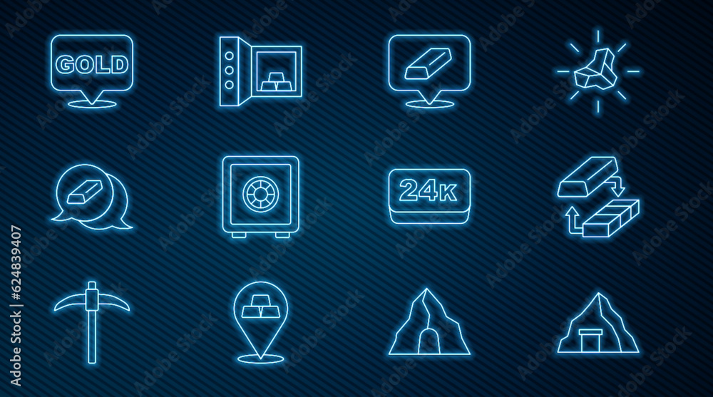 Set line Gold mine, exchange money, bars, Safe, 24k and with gold icon. Vector Set line Gold mine, exchange money, bars, Safe, 24k and with gold icon. Vector