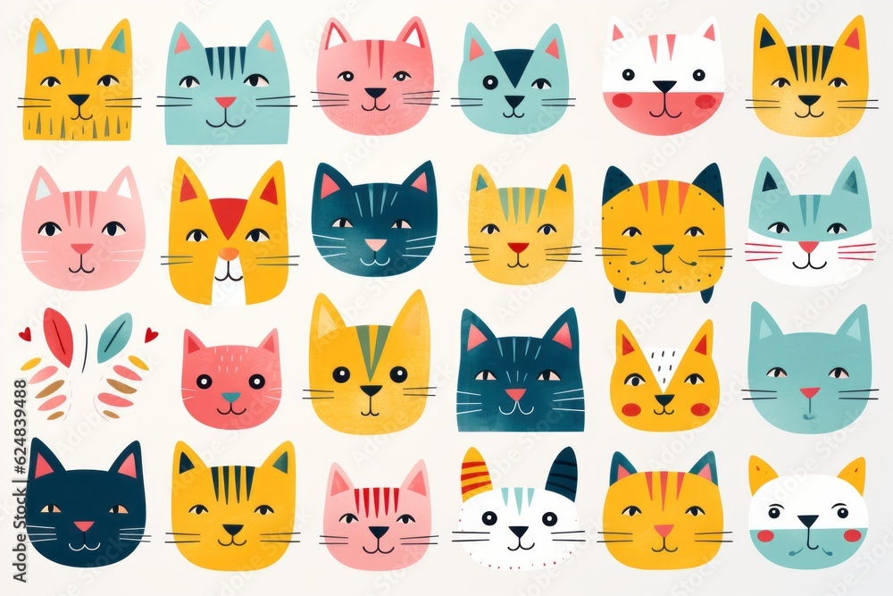 Obraz premium Illustration of colourful group of painted cats on a white background, created with Generative AI technology