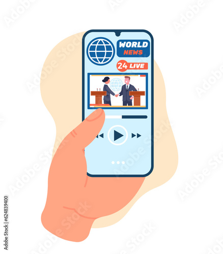 Hands holding smartphone with podcast or online news channel. Newsletter app. Mobile video player. Web press information. Digital newspaper application. Political deal. Vector concept