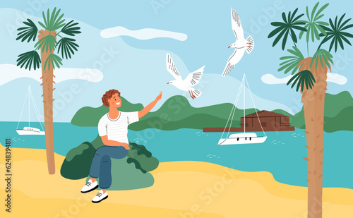Happy guy feeds seagulls at beach. Summer sea relax. Man gives food to birds. Yachts and palm trees. Ocean shore. Person feeding gulls at seashore. Marine vacation. Garish vector concept