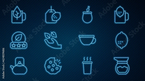 Set line Teapot  Lemon  Mate tea  leaf in hand  Cup of with  and bag lemon icon. Vector