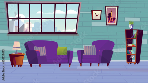 Living room interior with sofa, armchair, bookshelves and Vector cartoon illustration. Big window.