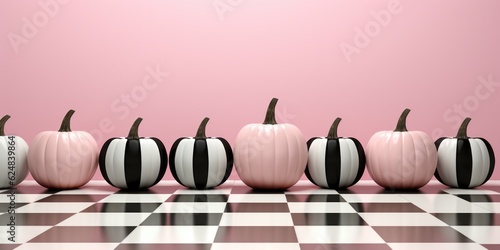 A row of pumpkins sitting on top of a checkered floor. Generative AI.