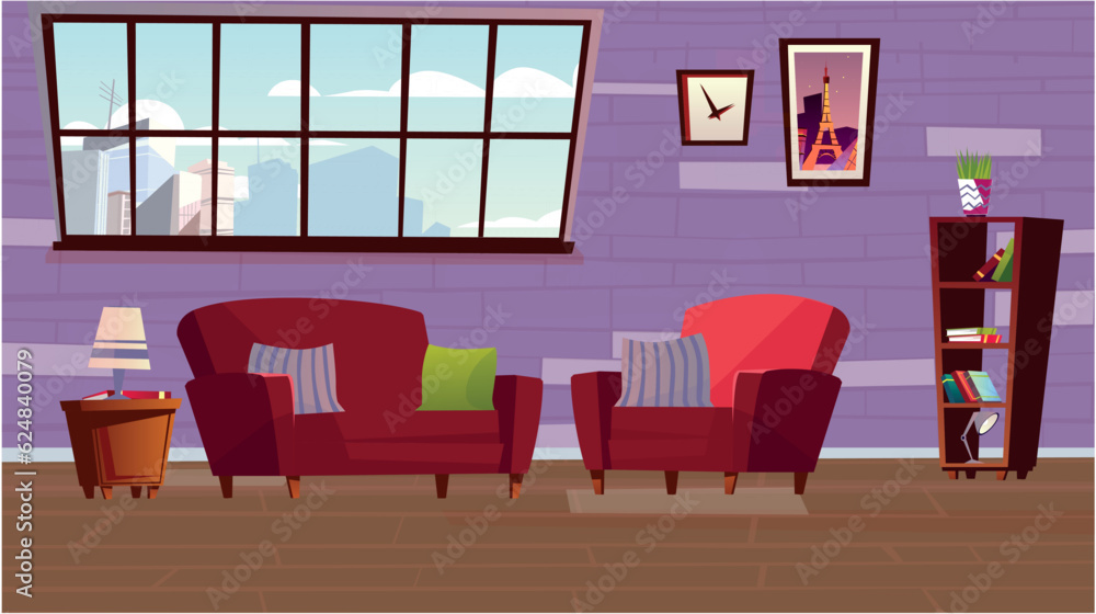 Living room with blue sofa and pillows. There is also a big window, pictures and a vase in the image. Vector flat illustration.
