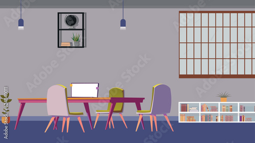 Vector cartoon illustration of modern conference hall, room for meetings and business trainings, interior with furniture. Boardroom with table, chairs, projector on wall, big window with city view
