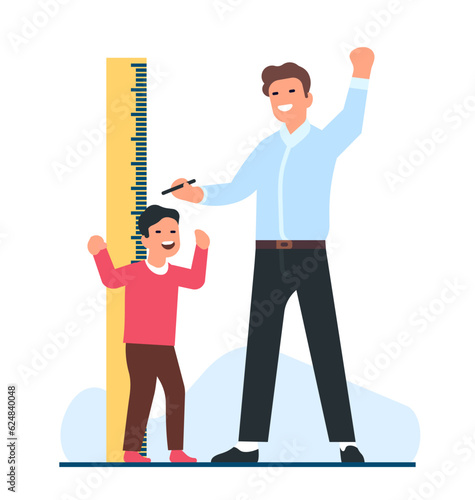 Joyful father measures his sons height with pencil and large ruler. Kid growth. Centimeter wall chart. Stadiometer scale. Baby length measurement. Happy parent and child. Vector concept