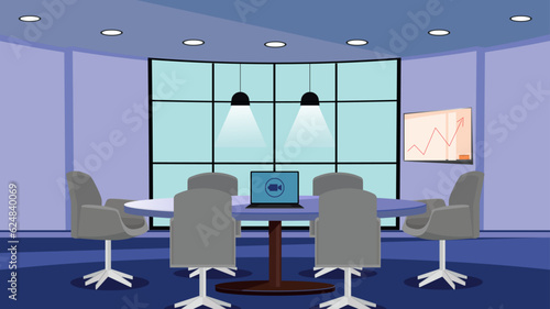 Business meeting room, company boardroom interiour cartoon vector with comfortable armchairs, laptops and coffee cups on long table illustration. Morning meeting, early briefing or informal event in
